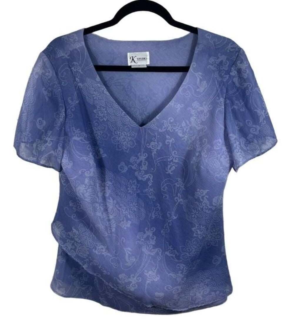 K Studio Purple Floral Pattern Short Sleeve V-Neck Layered Blouse S 16